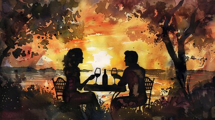 Romantic watercolor of a couple enjoying wine at sunset, gentle hues reflecting the serene and intimate setting