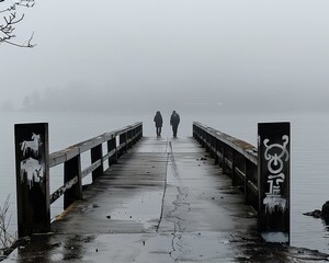 Fototapeta premium A long pier extending out into a lake on a foggy day.