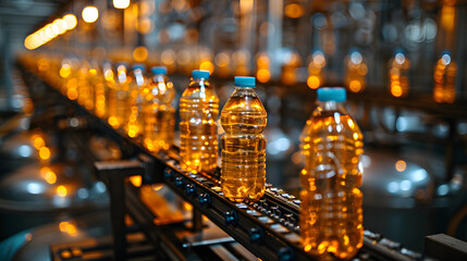 a plastic bottle production line, the bottles along the conveyor belt