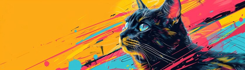 An artistic representation featuring a vibrant mix of colors and intricate dark strokes revolving around an adorable feline protagonist