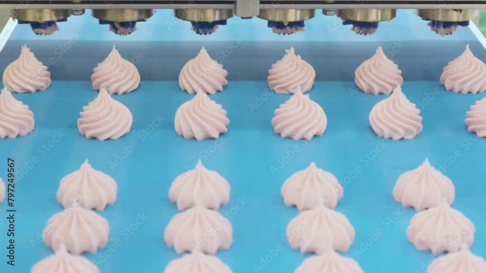 Poster a conveyor belt with pink frosting on it. the frosting is in the shape of a flower