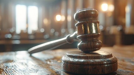 A sharp and distinct picture of a judge's hammer placed in front of a simple and unfocused setting
