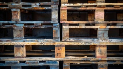 Stacked wooden pallets against a rustic backdrop