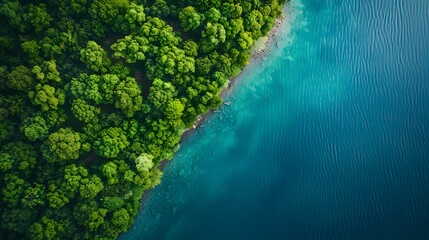 Aerial view of a forest and lake, with green trees on the left side of the frame, blue water in the right. For Design, Background, Cover, Poster, Banner, PPT, KV design, Wallpaper