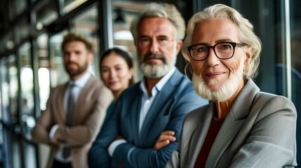 Diverse group of professionals stands confidently, with the experienced leader