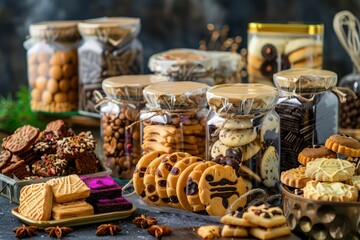 Eid hampers filled with various kinds of cookies in plastic jars. beautifully packaged with the feel of an Eid al-Fitr theme - generative ai