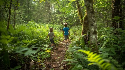 curious kids exploring lush forest trail leading to serene clearing outdoor adventure photography