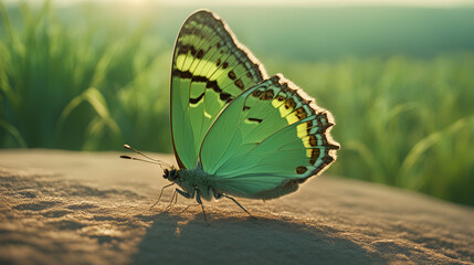 a green moth  closeup, big  green moth  from  infront of Sunset  - Powered by Adobe