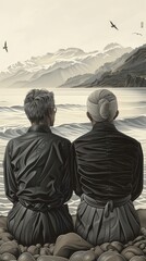 An elderly couple is sitting on a rocky beach, looking out at the ocean. The man and woman are both wearing black and white. The man has a beard and the woman has her hair in a bun. The background is