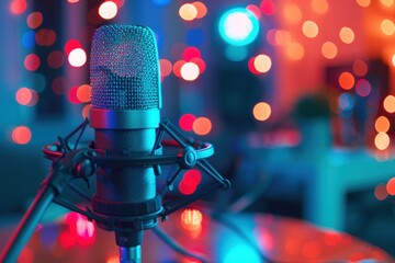 A photo of a modern podcast studio with a microphone on the table. Generate AI image