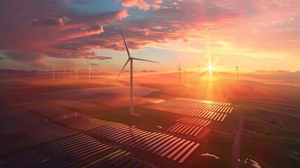 aerial view of wind turbines and solar panels in a vast field at sunset renewable energy concept digital illustration