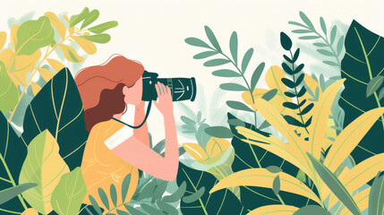 Artistic representation of an individual with a camera, ready to capture the beauty of a stylized greenery scene
