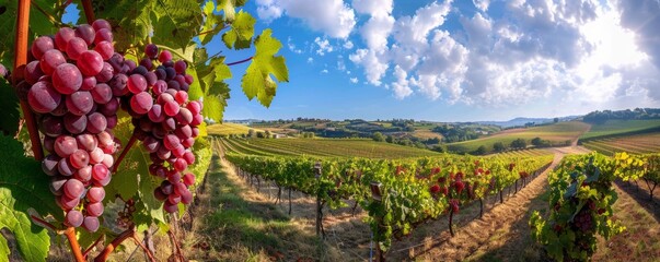 Lush vineyard panorama with ripe grapes - obrazy, fototapety, plakaty