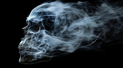 cinematic image of white smoke trails forming a skull shape against black background digital art