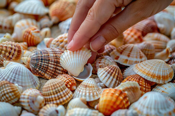 A hand grabbing a shell from a pile on the table, seafood preparation