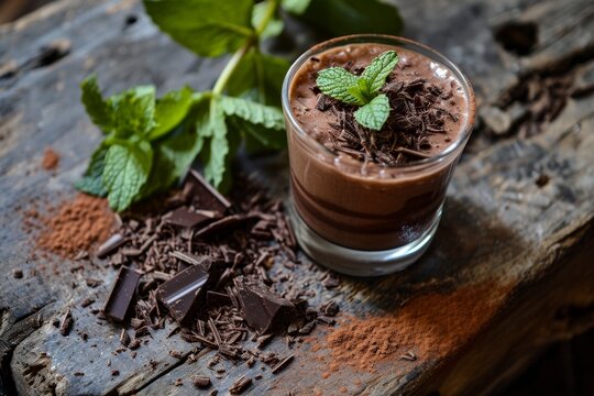 Delicious chocolate mousse with mint garnish on rustic wooden background