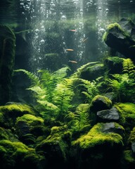 Fototapeta na wymiar Tranquil underwater scene with fish and lush greenery