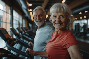happy senior couple at gym on treadmill, smiling and looking at camera, health concept