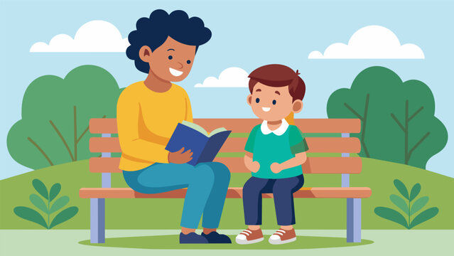 A picture of a parent and child sitting side by side on a park bench exchanging thoughts and ideas about the characters and plot of the first