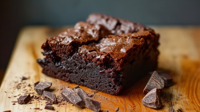 Delicious homemade chocolate brownie on wooden board