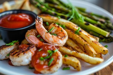Delicious grilled shrimp and vegetables on a plate
