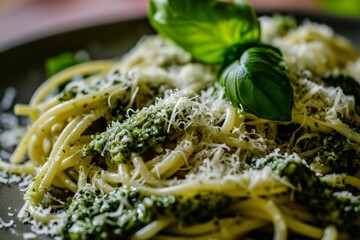 Close-up of Spaghetti with Pesto Sauce and Parmesan Cheese