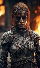 Warrior woman covered in mud with a fiery background