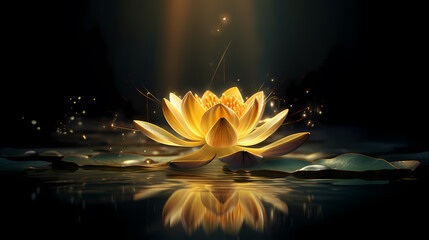 A golden lotus floats on the water
