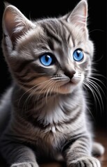 Vertical shot close-up of a grey baby cat with blue eyes in the dark