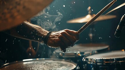 Closeup of a drummers hands delivering powerful beats on a drum kit  ,close-up