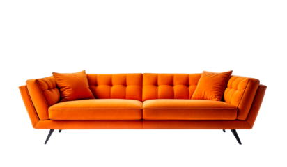An orange couch with two cushions