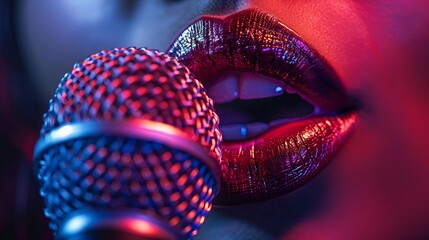 Closeup of a singers lips next to a studio microphone  ,close-up