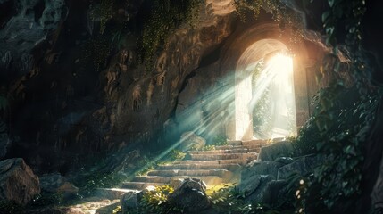 dramatic empty stone tomb with radiant light rays symbolic representation of jesus christs resurrection digital illustration