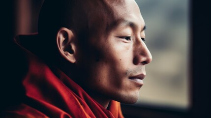 Contemplative Monk Looking Through a Window - obrazy, fototapety, plakaty