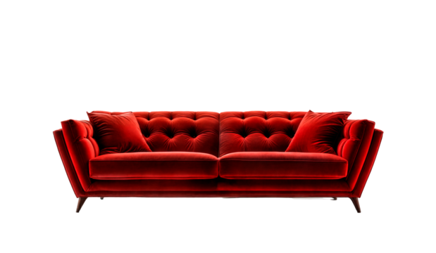 A red couch with wooden legs isolated on a png background.