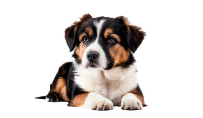 A black, brown and white dog isolated on a png background. 