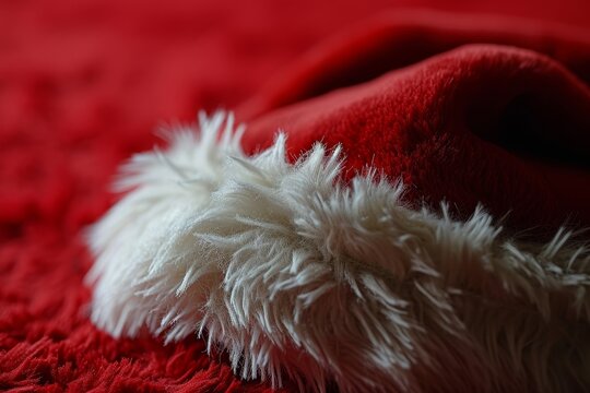 Close-up of a white fluffy trim on a red fabric background