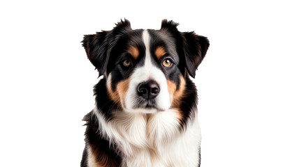 A black, brown and white dog isolated on a png background. 