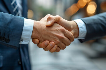 A firm handshake between two business professionals, conveying trust and mutual respect in a simple yet powerful gesture.