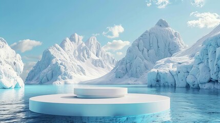 icy podium on snowy mountain platform with cool water background 3d product display