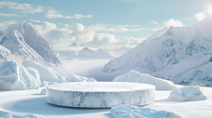 icy product podium on snowy mountain landscape 3d illustration