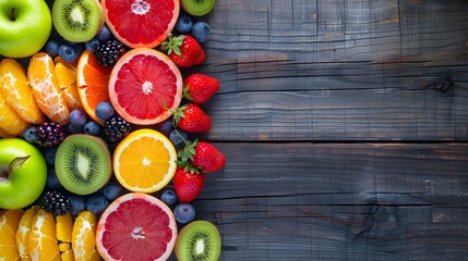 Healthy eating concept with a fresh fruit background for a balanced dieting lifestyle. For Design, Background, Cover, Poster, Banner, PPT, KV design, Wallpaper - obrazy, fototapety, plakaty