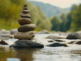 Zen stones stacked in a tranquil river setting