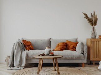 Scandinavian living room interior with a grey sofa, wooden coffee table and orange pillows near a cabinet against a white wall, interior mock up