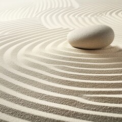 Fototapeta na wymiar Zen stone on raked sand with circular patterns