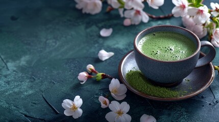 Obraz na płótnie Canvas Cup of Matcha Tea with Cherry Blossoms on a Rustic Table
