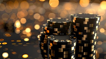 3D black and gold poker chips stacked high on a reflective table - obrazy, fototapety, plakaty