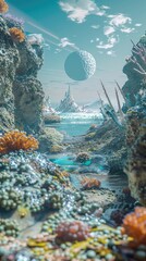 An exobiologist documenting new life forms on a watery exoplanet - obrazy, fototapety, plakaty