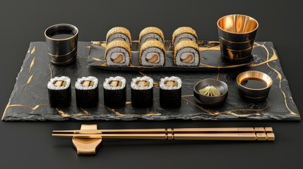 3D black and gold sushi set elegantly arranged on a slate plate - obrazy, fototapety, plakaty