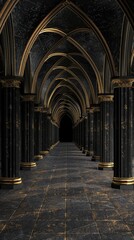 Black 3D gothic arches with gold accents in an ancient corridor - obrazy, fototapety, plakaty